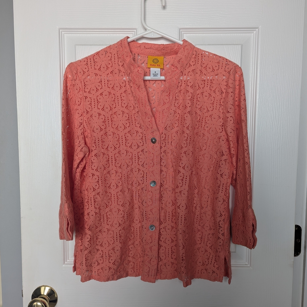 Coral Lace Button-Up Top